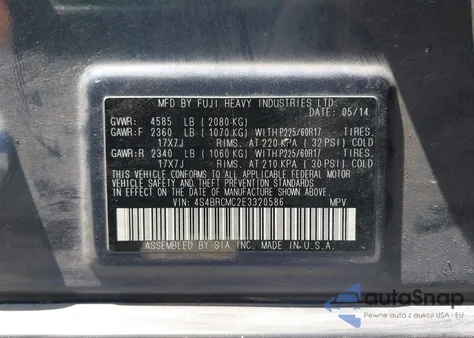 2014 Subaru Outback 2.5I Limited from USA, damaged, VIN 4S4BRCMC2E3320586